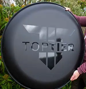 A black matt wheel cover with a gloss black logo. Black Gloss Logo - Matt Black Wheel Cover